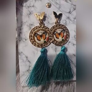 Gold Butterfly Teal Tassel Drop Earrings